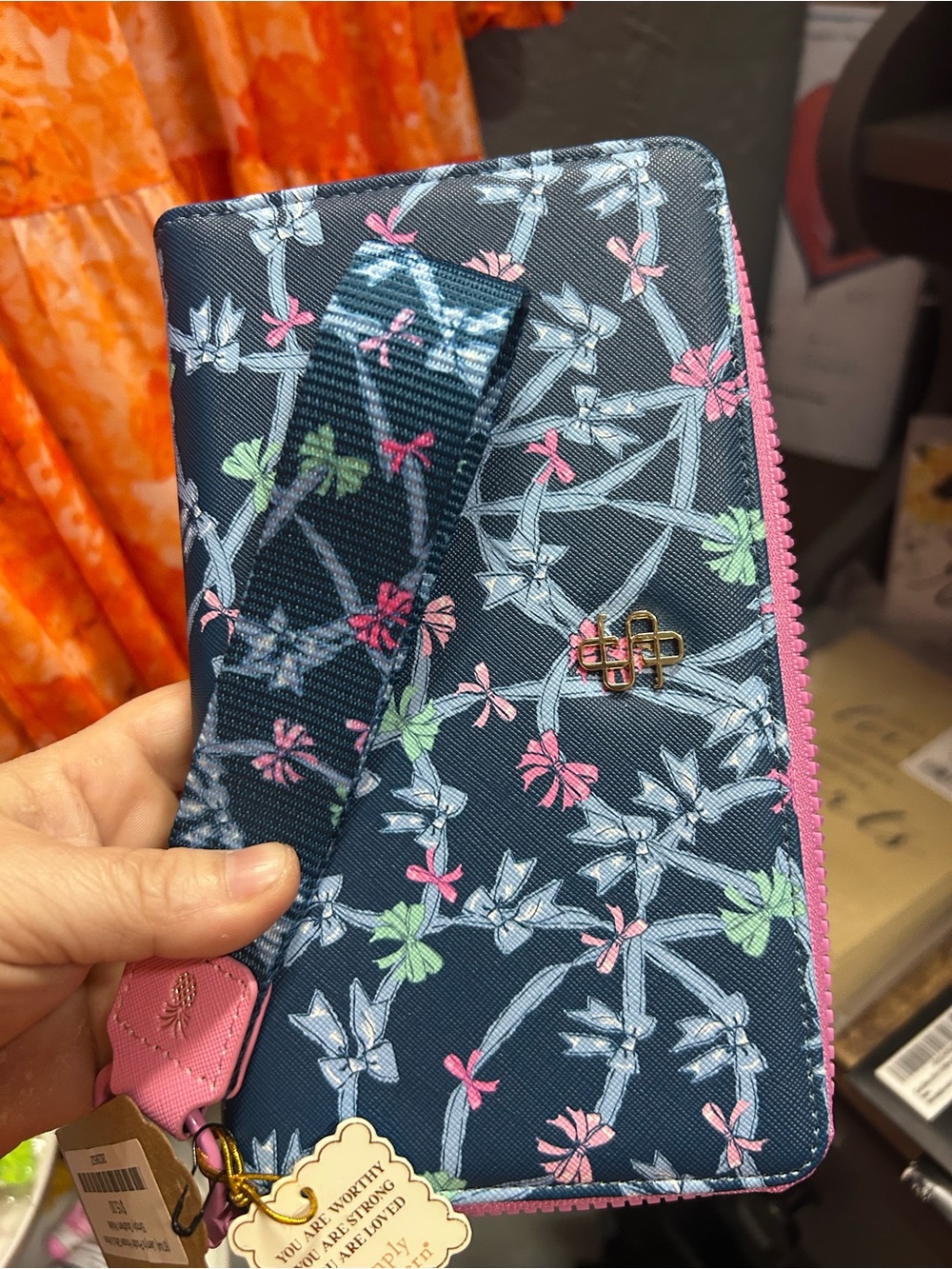 Simply Southern Navy Floral Wristlet with Pink Trim